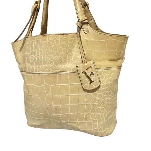 Furla Leather Crocodile Embossed Cream Shoulder Bag Tote - Picture 2 of 11